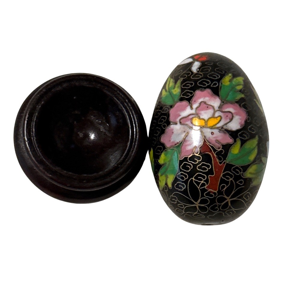 Decorative Black Floral Cloisonné Egg Enamel Wooden Stand Intricate Collectible